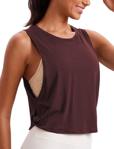 Image of CRZ YOGA Pima Cotton Summer Gym Sleeveless Vest Tops for Women Light Elastic Running Crop Top Loose Crew Neck Yoga Shirt Dark Red 12