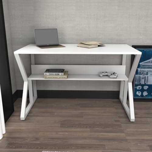 Image of DECOROTIKA Wake 120 cm Metal Frame Study and Writing Desk | Hidden Shelf for Storage | Modern and Sturdy (White)