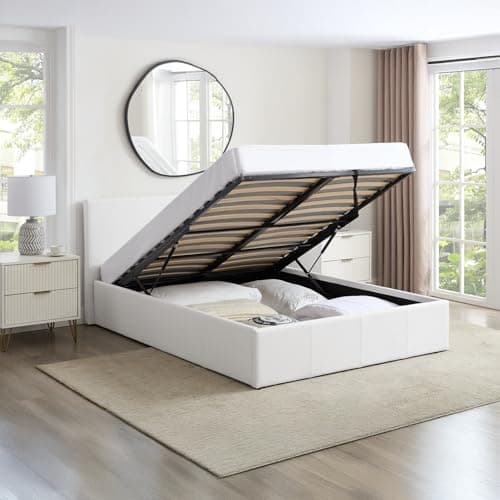 Image of Direct Furniture Suppliers LUNA - UK 4FT6 Double Gas Lift Up Ottoman Storage Faux Leather Space Saving Bedframe (H:88.5cm x W: 153cm x L: 203cm) (White)