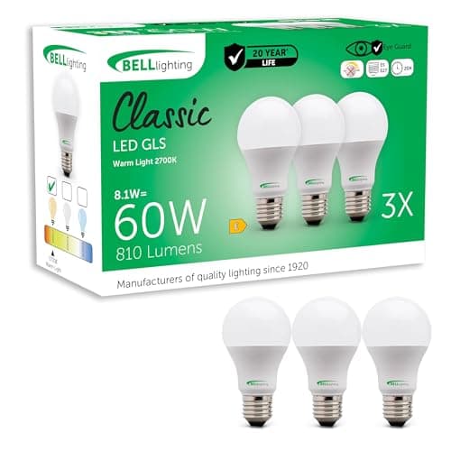 Image of BELL Lighting E27 LED GLS Bulbs 3 Pack | Warm White 2700K | 810lm 8.1W | Energy Saving Lightbulbs | 60W Equivalent | Edison Screw ES Base |Ceiling Lights Table Lamps Wall Lights | Non-Dimmable