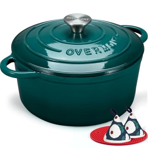 Image of Overmont 24cm/4.2L Enamelled Cast Iron Round Casserole Pot With Lid Cookbook & Cotton Potholders - Non-stick Dutch Oven Cookware for Braising, Stews, Roasting, Bread Baking - Bottle green, 4.5QT