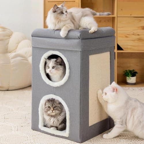 Image of FURRYPAWS Cat House Indoor 2 Layer Cats Cave with Scratching Board, Multi-Level Kitten Bed for Indoor Cats, Cozy Cat Igloo Bed with Soft Velvet Spacious for Small & Medium Pets Grey