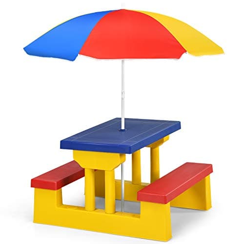 Image of COSTWAY Kids Picnic Table, Indoor & Outdoor Table and Bench Set with Removable Umbrella, Children Garden Furniture Parasol for Girls Boys (Yellow + Red + Blue)