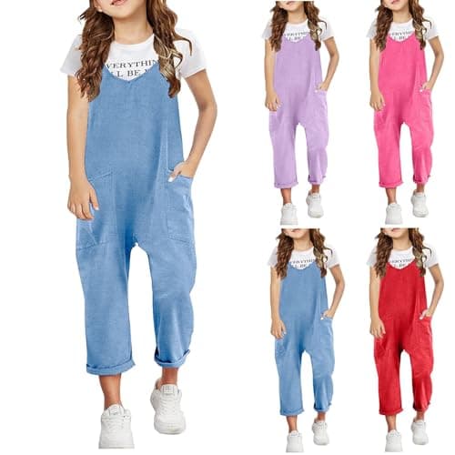 Image of Girls Jumpsuit Adjustable Spaghetti Strap Loose Overalls Rompers Casual Baggy Plain Playsuits with Pockets Rompers Long Pants Dungarees Jumpsuits for Girls 4-13 Years (Blue, 4-5 Years)