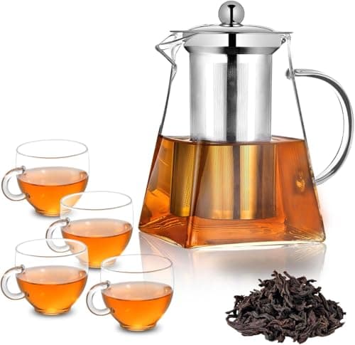 Image of Pluiesoleil 950ML Borosilicate Glass Teapot, Loose Leaf Teapots with Infuser, Square Tea Pot with Strainer, Stovetop Microwave Safe Teapot witn 4 Cups