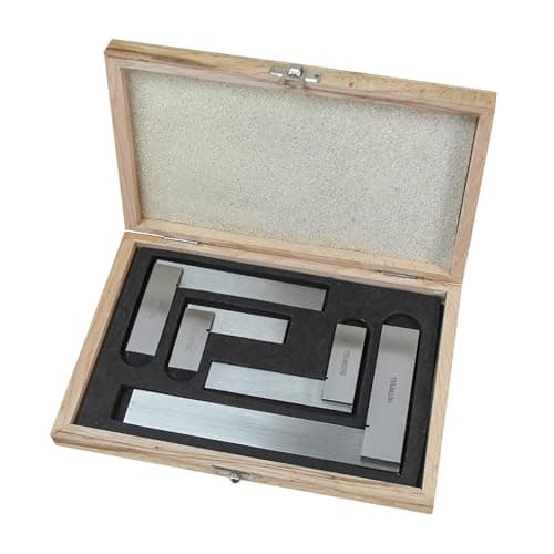 Image of Faithfull Engineers Steel Try Square Set 4 Piece - 50,75,100,150mm (2in, 3in, 4in, 6in), Precision Ground, Hardened Steel Blade, Accurate Marking, Measuring & Layout Tools in Wooden Storage Case