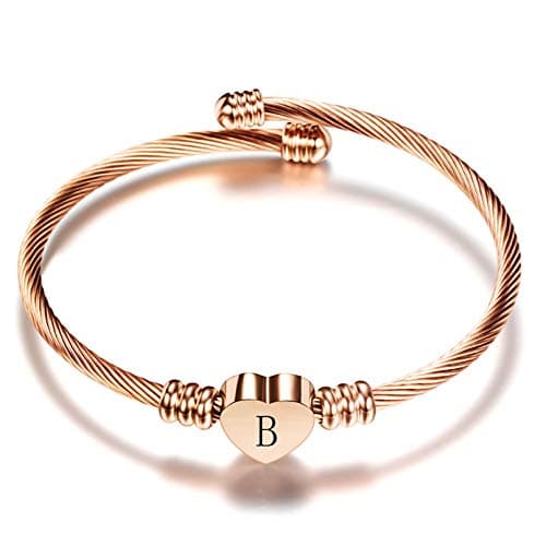 Image of LSxAB Women Initial B Letter Cuff Bracelet Rose Gold Heart Personalised Bangle Wristband Bracelets Expandable