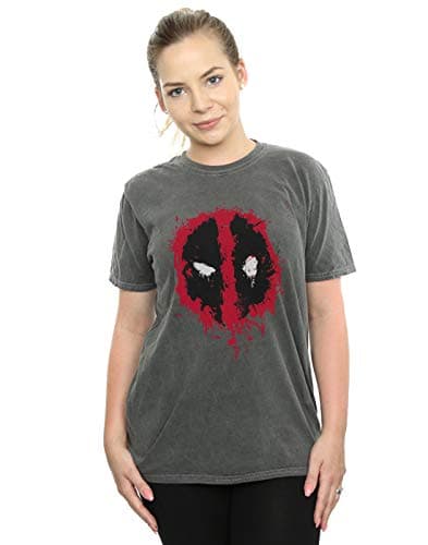 Image of Marvel Women's Deadpool Splat Face Washed Boyfriend Fit T-Shirt Charcoal XX-Large