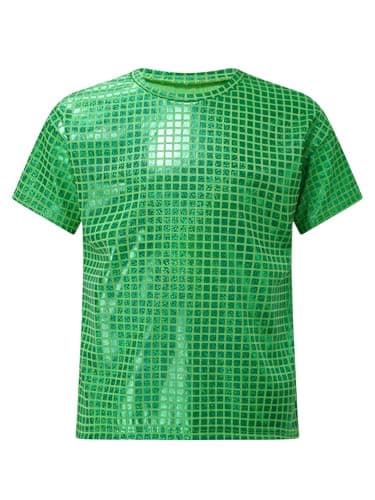 Image of Jugaoge Kids Boys Girls Sparkly Sequin Dance Tops Round Neck Short Sleeve T-Shirts Stage Performance Dancewear Green 11-12 Years