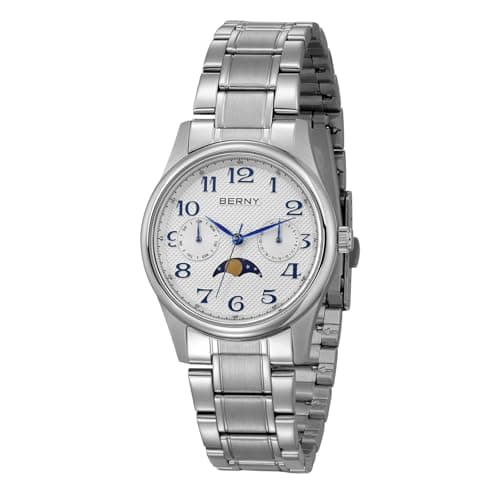 Image of BERNY Quartz Watch for Women Japanese Movment Ladies Wristwatch Arabic Numerals Dial Stainless Steel Watch Band Analog Watches Sub-dail with Calendar Moon Phase Watches