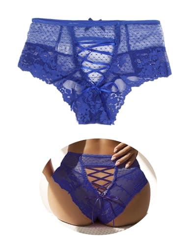 Image of sunshinelady Plu Size Sexy Knickers 22 Sheer Mesh Briefs Sexy Panties High Waist Womens Underwear Criss Cross Back Hipster Tanga Briefs Brazilian Knickers for Women Blue