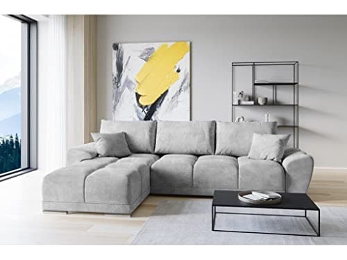 Image of Easy Velvet L-Shape Corner Sofa - Light Grey Sofa - Couch with Storage Space and Cushion - Pull-Out Sofa Bed - Sofa with Sleep Function - Sofa Bed with Bed Box - Guest Bed - 291 x 183 cm