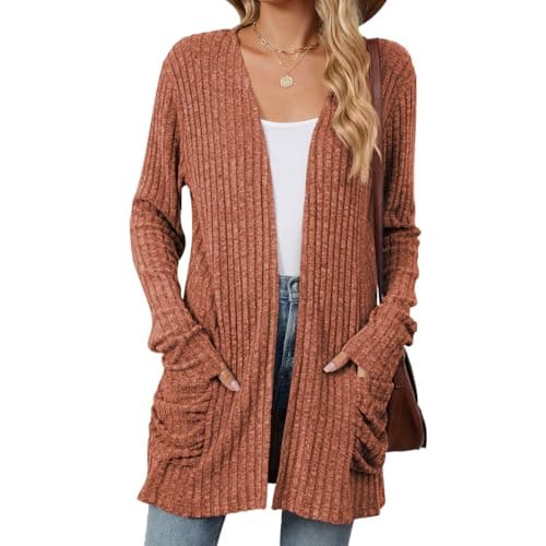 Image of Famulily Draped Waterfall Cardigans for Women, Ribbed Knit Long Sleeve Cardigan Sweater for Autumn Winter Outerwear (S, Orange)