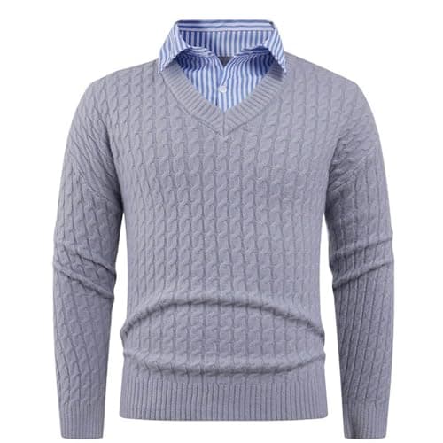 Image of Mens Jumper with Mock Shirt Collar Classic Casual Sweaters Pullover V-Neck Long Sleeve Knitwear Fashion Solid Color Lightweight Polo Shirts Men's Winter Warm Knitted Jumper Golf Tops Gray