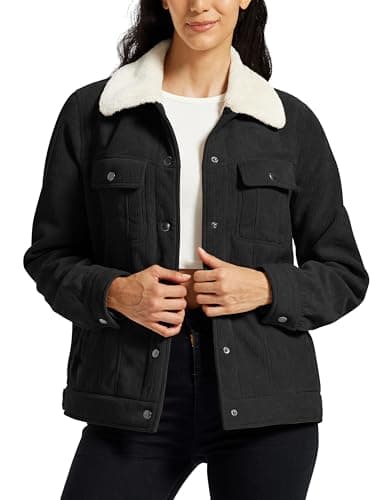 Image of MoFiz Women's Fleece Jacket Warm Sherpa Lined Winter Coat Fashion Button Down Casual Corduroy Jacket with Multi-Pockets Black Size US L