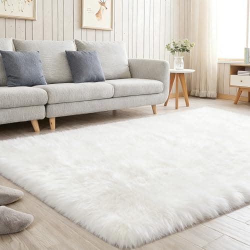 Image of Fluffy Shaggy Rugs for Living Room 120x160 cm/4x5 ft, White Fluffy Rug for Bedroom, Large Anti Slip Carpet, Machine Washable Soft Thick Pile Area Rugs for Living Room Kids Bedroom Nursery(Cream White)