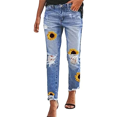 Image of Capri Denim Trousers for Women UK Elasticated High Waist Jeans Ripped Frayed Raw Hem Cropped Jeans with Pockets Distressed Cut Off Jean Shorts Boyfriend Jean Pants Hip Hop Streetwear Trousers