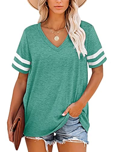 Image of MOLERANI Women Tshirts Short Sleeve V Neck Striped Summer Tops Casual Loose Tee Grass Green Size 6-8