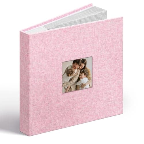 Image of Vienrose Linen Photo Album 6x4 with Cover Window, 48 Pockets Acid-Free Pages Picture with Memo Areas, Memory Book Gift for Wedding, Family, Baby, Anniversary (Pink)