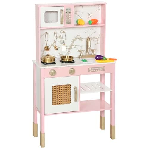 Image of AIYAPLAY Kids Play Kitchen Toy Kitchen Playset 12Pcs Accessories with Realistic Oven, Microwave, Sink and Cutting Vegetable Toys for Toddlers Ages 3-6 Years, Pink