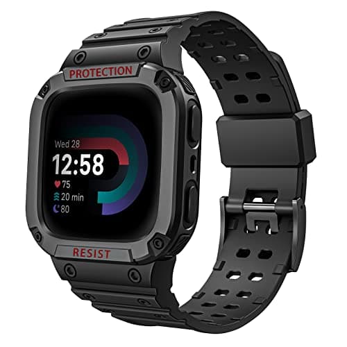 Image of FINTIE Strap compatible with Fitbit Versa 4/3/2/1/Versa Lite/Fitbit Sense 2/1, Rugged TPU Protective Bumper Sport Band with Screen Protector Case, Black