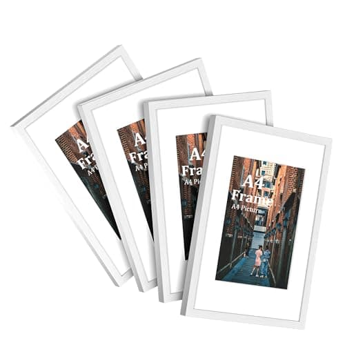 Image of MEGAROOM A4 Frame 4 Pcs - 29.7cm x 21cm(11.7 x 8.3 inches - A4 Picture Frame with A5 Mount for Wall, A4 Photo Frame for Photo Gallery, Safe and Easy to Install(White)