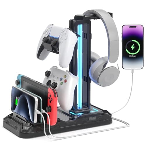 Image of KDD Headset Stand with Charging Station - Detachable Headset Controller Holder Stand with 9 Light Modes, Rotatable Headphone Hanger with USB Charging Ports for PC Gaming Accessories Storage (Black)