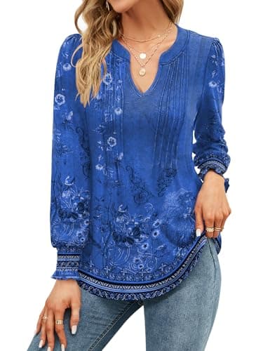Image of EFFAN Womens Tops V Neck Elegant Long Sleeve Casual T Shirts Xmas Pleated Puff Floaty Floral Printed Tunic Blouse, Floral Dark Blue M (UK 12-14)