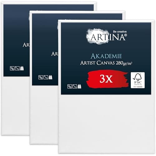 Image of Artina FSC® Canvas for Painting 50x70 cm - 3pcs Blank Canvases for Art for Acrylic, Watercolour & Oil Painting - 100% Cotton Canvas Stretcher Frame 280 g/m² - Akademie