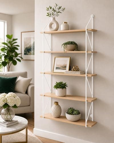Image of spot on dealz® 5 Tier Modern white floating decorative hanging shelves with MDF Oak wood and metal wire frame bookshelves industrial wall mounted display shelving unit, Living Room furniture