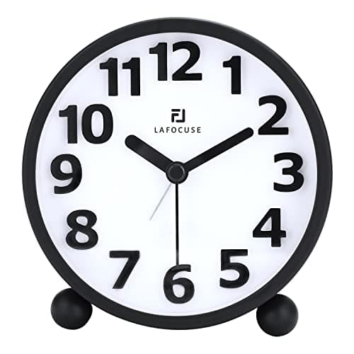 Image of Lafocuse Silent Alarm Clock Bedside Battery Powered Non Ticking, 4 Inch Black Analogue Alarm Clocks with Night Light Snooze, Small Retro Metal Desk Table Clock for Heavy Sleepers Seniors Bedroom