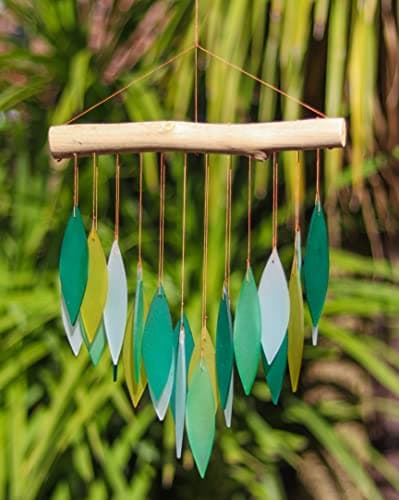 Image of Green Glass Wind Chime Recycled Glass and Bamboo Driftwood Garden Chime Hanging Outdoors Indoors Multicoloured Fairtrade Eco Friendly Handmade Fairtrade
