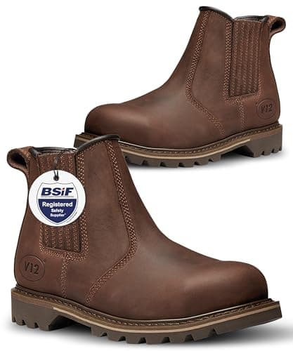 Image of V12 Rawhide Chelsea Boots for Men - Steel Toe Cap Boots with Heat-Resistant Sole & Pierce-Resistant Midsole - Brown, Size UK 10