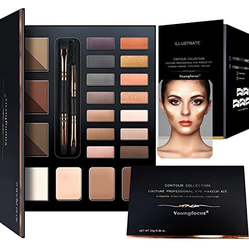 Image of youngfocus Eye Makeup Brow Contour Kit, 6 Eyebrow Powders Palette Set, 5 Stencils,14 Highly Pigted Eyeshadows, 3 Highlighter Powders, Spoolie/Brush Duo, Wax , 1 g (Pack of 1), Pack