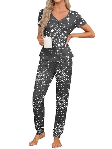 Image of Famulily Women's Plus Size Jogger Pajamas Sets Elegant Short Sleeve Pjs Cosy Sleepwear Black XL