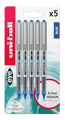 Image of uni-ball UB-157 Eye Rollerball Pens. Premium Fine 0.7mm Ballpoint Tip for Super Smooth Handwriting, Drawing, Art, Crafts and Colouring. Fade and Water Resistant Liquid Uni Super Ink. Pack of 5 Blue
