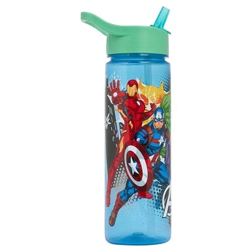 Image of Marvel Avengers Kids Water Bottle, Blue, 600ml, with Flip-Top Lid, Built-In Straw and Carry Handle