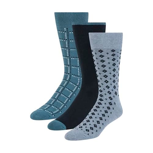 Image of Ted Baker Men's 3 Pack Pattern Crew Dress Socks, Lt Denim Heather/Navy/Real Teal, One Size