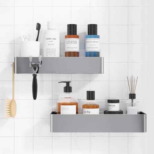 Image of Kitsure 2 Pack Rustproof Shower Caddy - 2 Shelves, Drill-Free & Quick-Dry Shower Organizer, Rustproof Bathroom Shelves with 4 Hooks, Large, Sliver