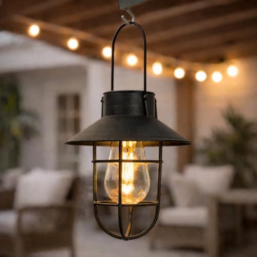 Image of Festive Lights - 21cm Solar Black Fisherman Hanging Lantern with Warm White Filament Effect LED - Antique Rustic Metal Look, IP44 Rated, Outdoor Decorative Garden Light - Integrated Panel, Cage Finish