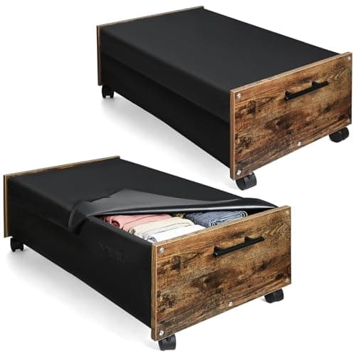 Image of Wooden Under Bed Storage Box with Lid,2 Pack Underbed Storage Drawers 75*42*22cm with Lockable Wheels (total 27.5cm),Dual-sides Handles,Large Storage Containers For Clothing,Slippers,shoes,Books,Toys