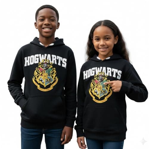 Image of Licensed Unisex Kids Harry Potter Hogwarts Hoodie – Official Hogwarts Crest Sweatshirt with Raised Puff Print & Sleeve Detail – Ages 1 to 13 Years, Black (UK, Age, 9 Years, 10 Years)