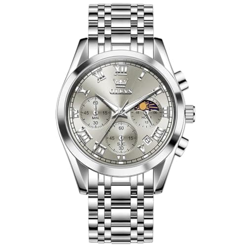 Image of OLEVS Men's Watch, Classic Stainless Steel Chronograph Watches Men's Watches, Luxury Large Dial Analogue Quartz Men's Watch, Luminous with Date Waterproof Watches Men, 2871-grey dial/silver strap