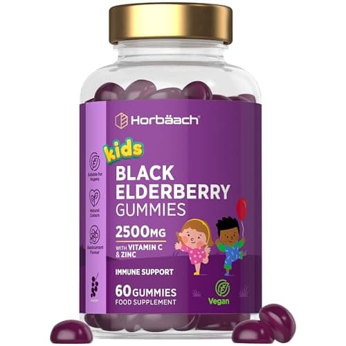 Image of Black Elderberry Gummies for Kids | with Vitamin C and Zinc | Immune Support | High Strength Sambucus Fruit Extract | for Children Ages 4-12 | Vegan | 60 Count | by Horbaach