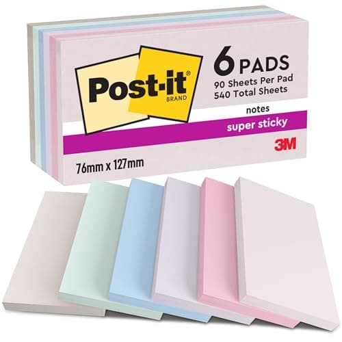 Image of Post-it Super Sticky Notes, 540 Sheets, Pack of 6 Pads, 76 mm x 127 mm - Holds Strong to Many Surfaces - Pink, Purple, Green, Grey, Blue - for Walls, Monitors and Fridge, Recycable