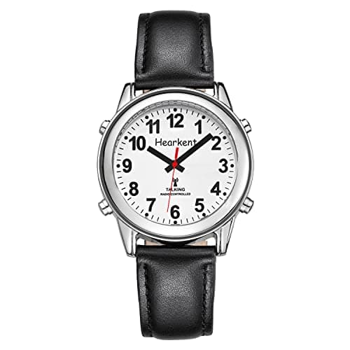 Image of Hearkent Atomic Talking Watch with for Kids Large Numbers and Expandable Strap self-Setting for Visually impaired Blind or Elder People (Black Leather Strap, Lady Size)