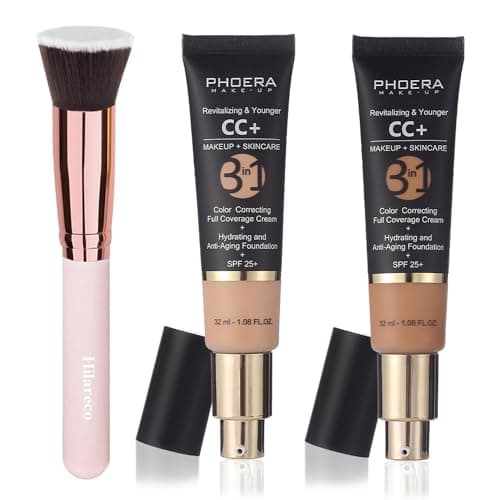 Image of PHOERA CC Cream Foundation With SPF,PHOERA Full Coverage Foundation Color Correcting Cream,Anti Aging Hydrating Serum & SPF 25+ Sunscreen Natural Finish1.08 floz (120+140/Nude+Buff Beige)
