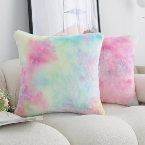 Image of Labilin Faux Fur Fluffy Cushion Covers 2 Pack Double-sided Plush Decorative Throw Pillow Cover Soft Velvety Couch Cushion Covers 18x18 Rainbow Luxury Pillowcases for Living Room Home Decor