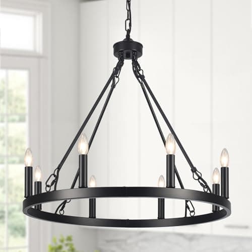 Image of ASHUAQI Wagon Wheel Chandelier, 8-Light Black Chandelier Ceiling Lights Living Room, Rustic Modern Farmhouse Chandeliers Ceiling Light for Dining Room, Kitchen, Hallway, Bedroom, Hall