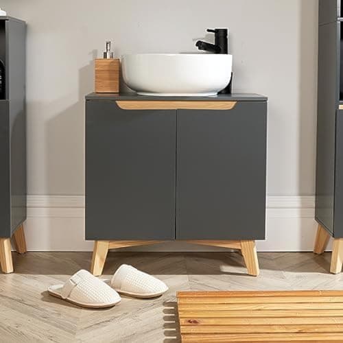 Image of Home Source| Florence Under Sink Bathroom Storage Cabinet– Grey, 2-Door Basin Cupboard, Space-Saving Modern Furniture, Under Sink Storage 30x60x60cm